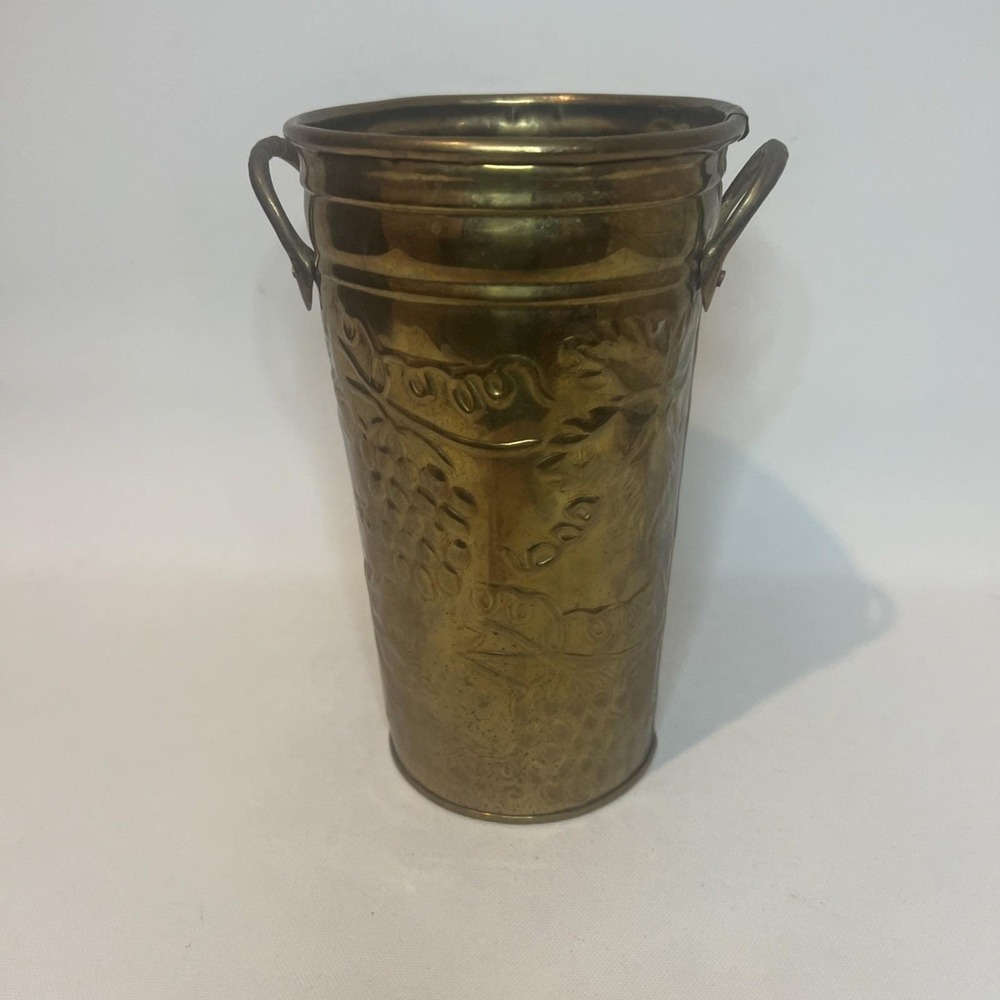 Vintage Hosley Brass Vase Bucket Grapevine Embossed India 7.5" Handles